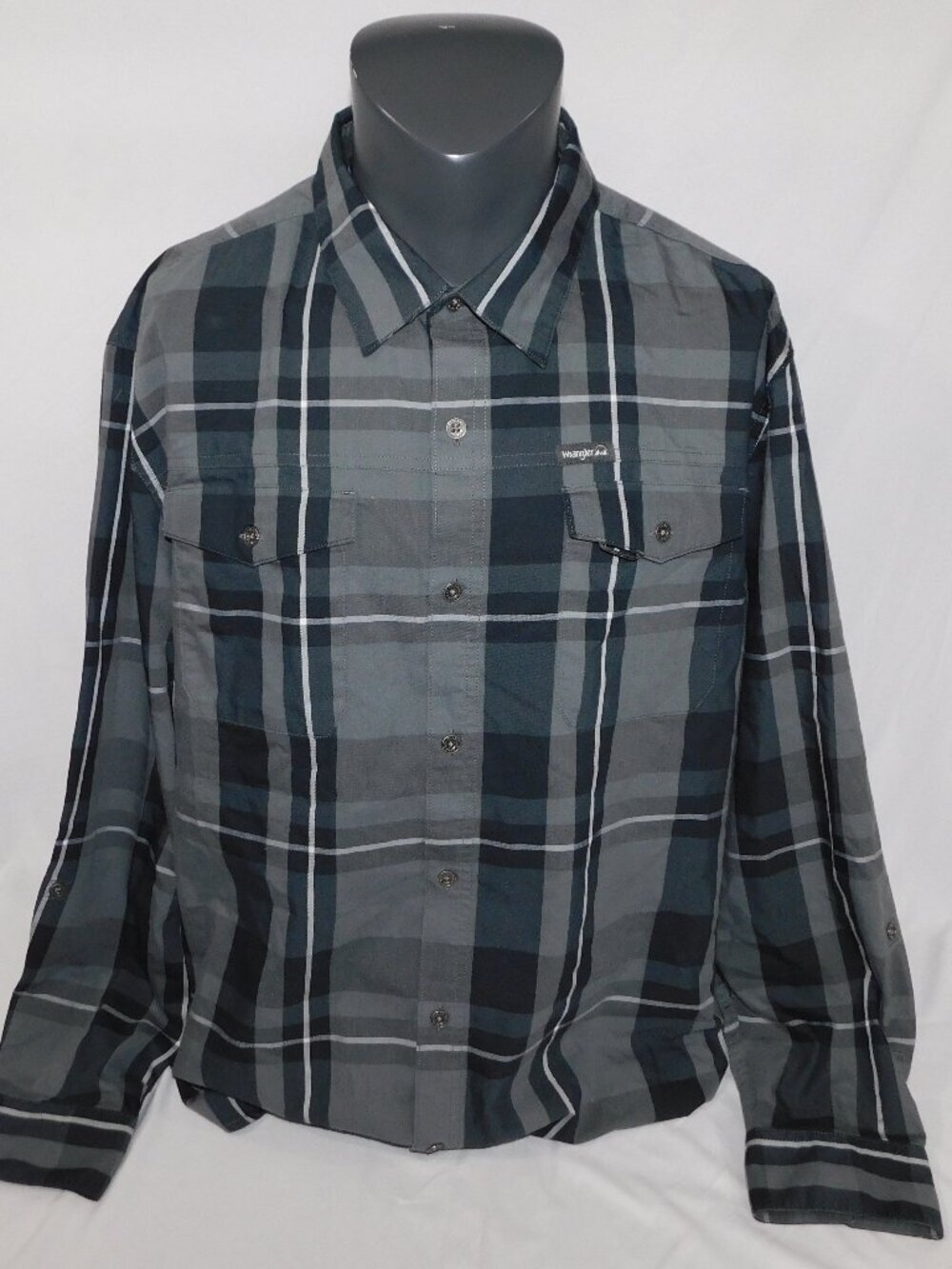 Wrangler All Terrain Gear Gray Black Plaid Vented Long Sleeve Shirt Mens 2XL
